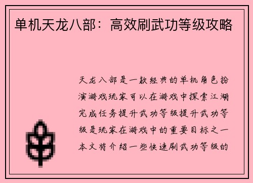 单机天龙八部：高效刷武功等级攻略